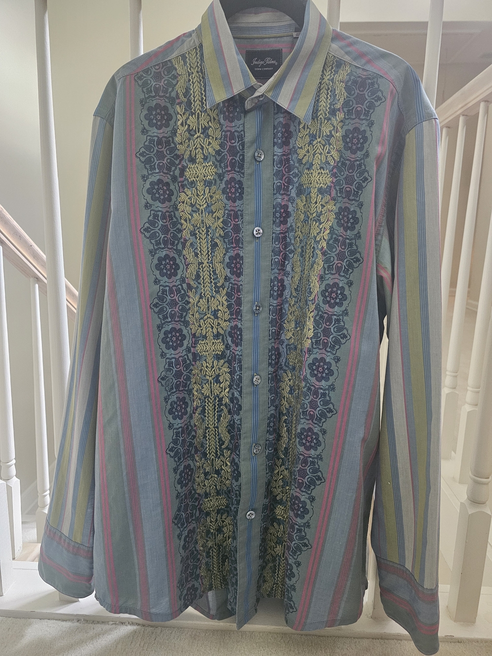 Light Blue Striped Button-Down Shirt with Floral Embroidery